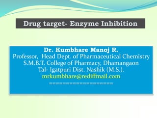 Dr. Kumbhare Manoj R.
Professor, Head Dept. of Pharmaceutical Chemistry
S.M.B.T. College of Pharmacy, Dhamangaon
Tal- Igatpuri Dist. Nashik (M.S.).
mrkumbhare@rediffmail.com
===================
Drug target- Enzyme Inhibition
 