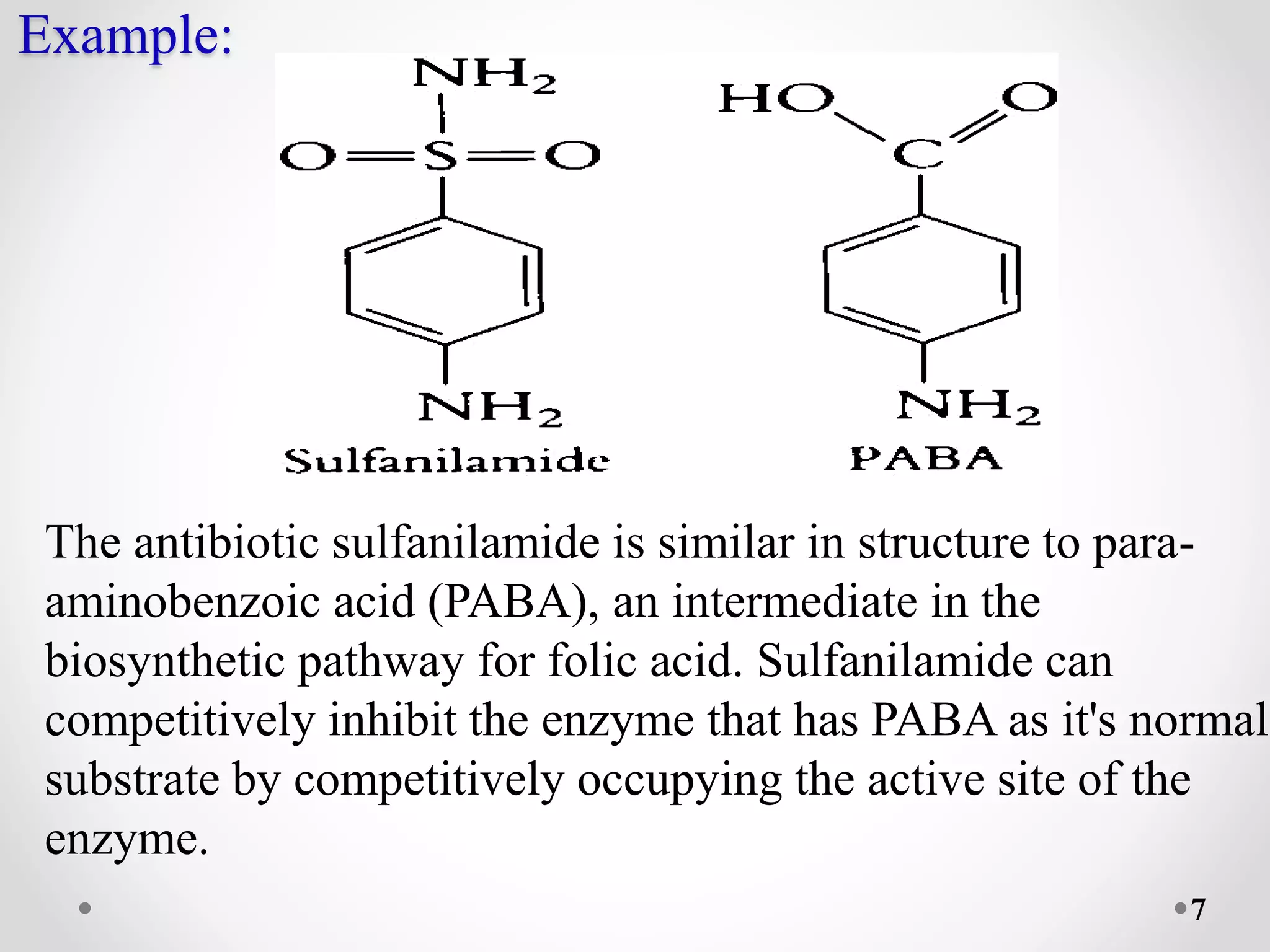 7
Example:
The antibiotic sulfanilamide is similar in structure to para-
aminobenzoic acid (PABA), an intermediate in the
biosynthetic pathway for folic acid. Sulfanilamide can
competitively inhibit the enzyme that has PABA as it's normal
substrate by competitively occupying the active site of the
enzyme.
 