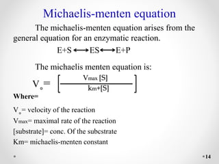 Michaelis-menten equation
The michaelis-menten equation arises from the
general equation for an enzymatic reaction.
E+S ES E+P
The michaelis menten equation is:
V˳=
Where=
V˳= velocity of the reaction
Vmax= maximal rate of the reaction
[substrate]= conc. Of the subcstrate
Km= michaelis-menten constant
Vmax [S]
km+[S]
14
 