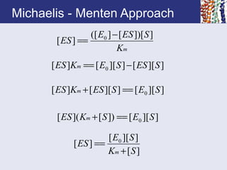 Michaelis - Menten Approach
mK
SESE
ES
]])[[]([
][ 0 −
==
]][[]][[][ 0 SESSEKES m −==
]][[]][[][ 0 SESESKES m ==+
]][[])[]([ 0 SESKES m ==+
][
]][[
][ 0
SK
SE
ES
m +
==
 