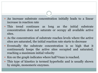  An increase substrate concentration initially leads to a linear
increase in reaction rate
 This trend continues as long as the initial substrate
concentration does not saturate or occupy all available active
sites.
 As the concentration of substrate reaches levels where the active
sites are saturated, the initial reaction rate starts to decrease
 Eventually the substrate concentration is so high that it
continuously keeps the active sites occupied and saturated,
reaching a maximum initial velocity
 Km on the graph indicates where half Vmax is reached.
 This type of kinetics is termed hyperbolic and is usually shown
by simple, monomeric enzymes.
 
