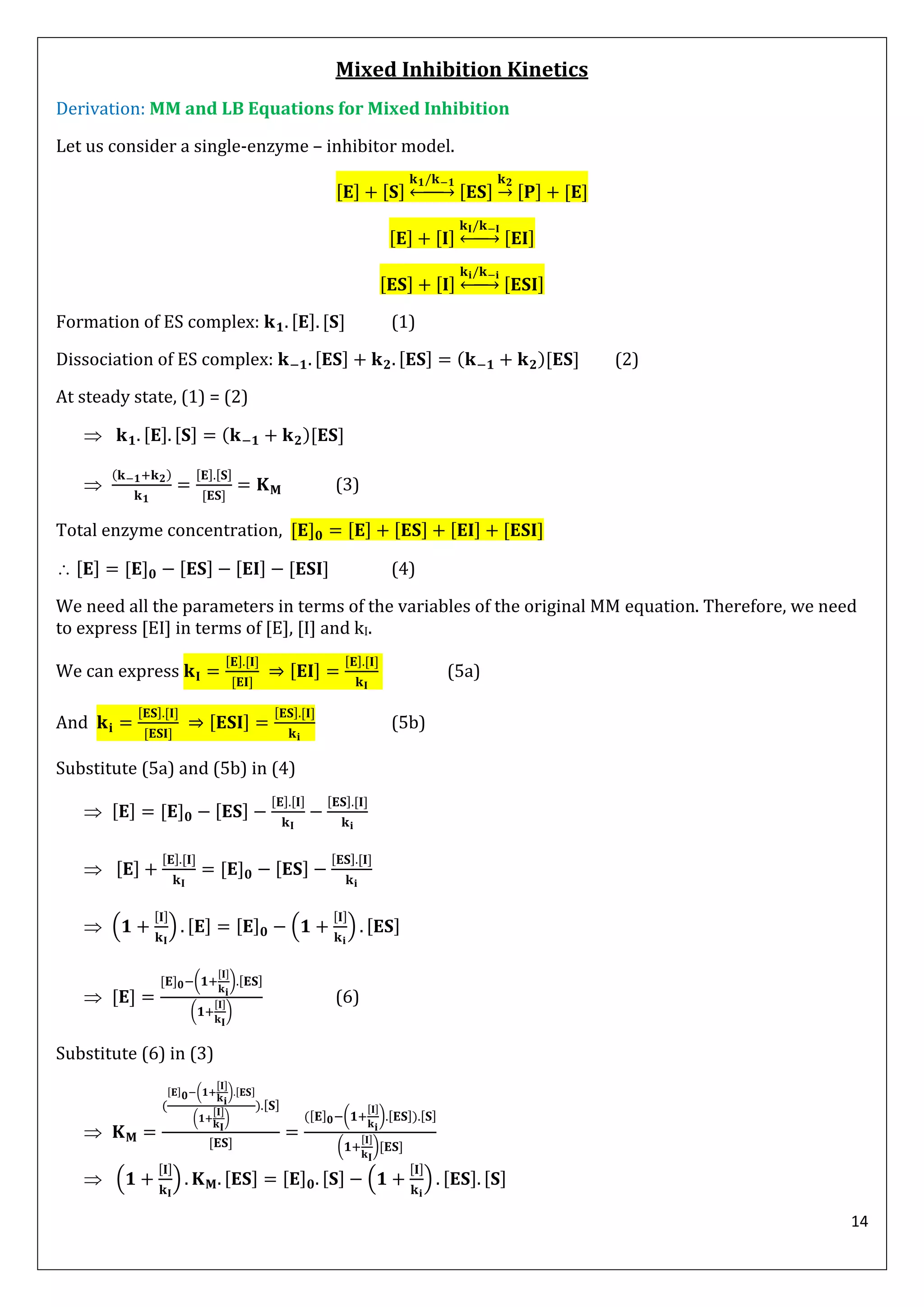 14
Mixed Inhibition Kinetics
Derivation: MM and LB Equations for Mixed Inhibition
Let us consider a single-enzyme – inhibitor model.
↔ →
↔
↔
Formation of ES complex: (1)
Dissociation of ES complex: ( ) (2)
At steady state, (1) = (2)
 ( )

( )
(3)
Total enzyme concentration,
 (4)
We need all the parameters in terms of the variables of the original MM equation. Therefore, we need
to express [EI] in terms of [E], [I] and kI.
We can express (5a)
And (5b)
Substitute (5a) and (5b) in (4)


 ( ) ( )

( )
( )
(6)
Substitute (6) in (3)

(
( )
( )
)
( ( ) )
( )
 ( ) ( )
 