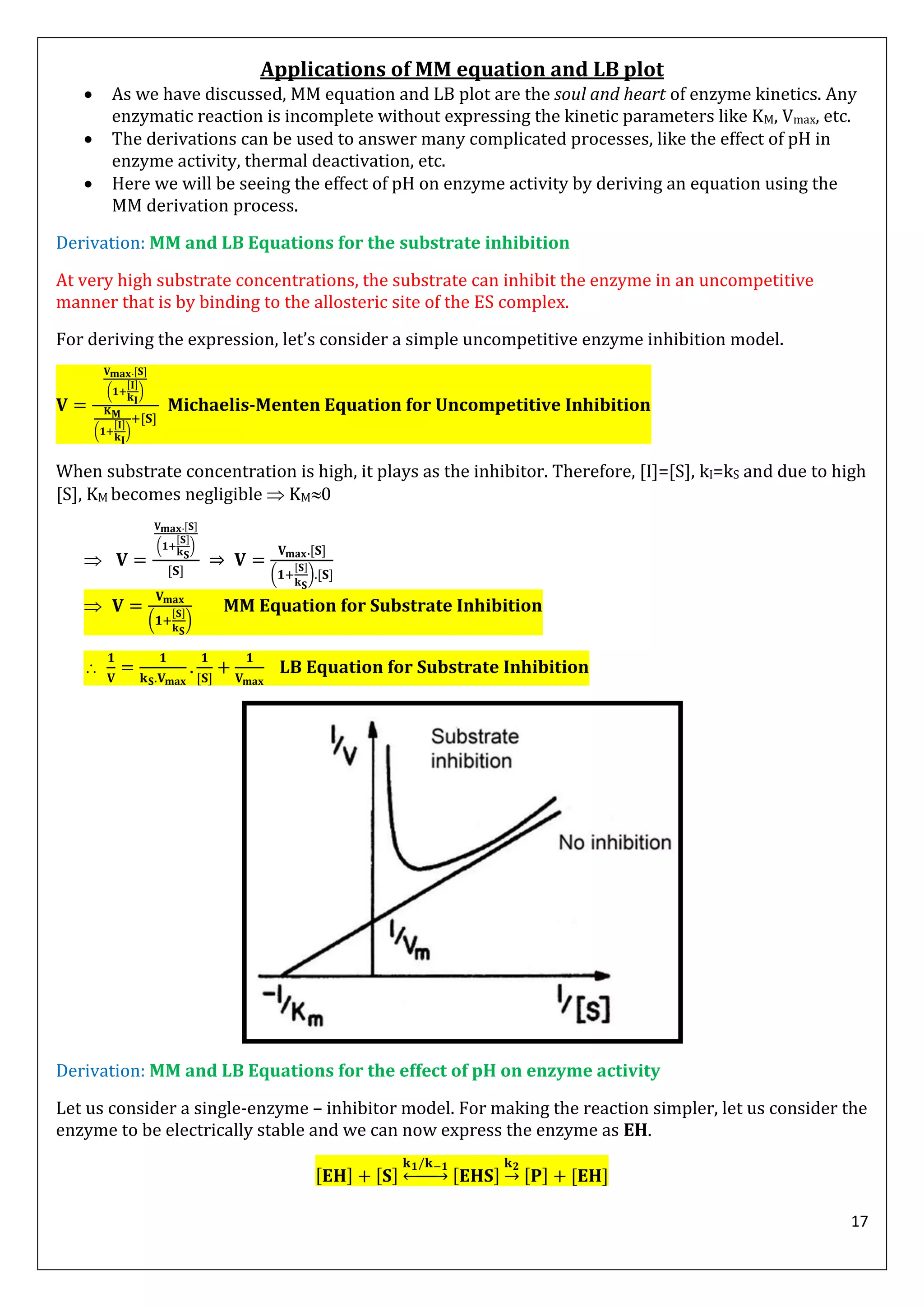 17
Applications of MM equation and LB plot
 As we have discussed, MM equation and LB plot are the soul and heart of enzyme kinetics. Any
enzymatic reaction is incomplete without expressing the kinetic parameters like KM, Vmax, etc.
 The derivations can be used to answer many complicated processes, like the effect of pH in
enzyme activity, thermal deactivation, etc.
 Here we will be seeing the effect of pH on enzyme activity by deriving an equation using the
MM derivation process.
Derivation: MM and LB Equations for the substrate inhibition
At very high substrate concentrations, the substrate can inhibit the enzyme in an uncompetitive
manner that is by binding to the allosteric site of the ES complex.
For deriving the expression, let’s consider a simple uncompetitive enzyme inhibition model.
( )
( )
Michaelis-Menten Equation for Uncompetitive Inhibition
When substrate concentration is high, it plays as the inhibitor. Therefore, [I]=[S], kI=kS and due to high
[S], KM becomes negligible  KM0

( )
( )

( )
MM Equation for Substrate Inhibition
 LB Equation for Substrate Inhibition
Derivation: MM and LB Equations for the effect of pH on enzyme activity
Let us consider a single-enzyme – inhibitor model. For making the reaction simpler, let us consider the
enzyme to be electrically stable and we can now express the enzyme as EH.
↔ →
 