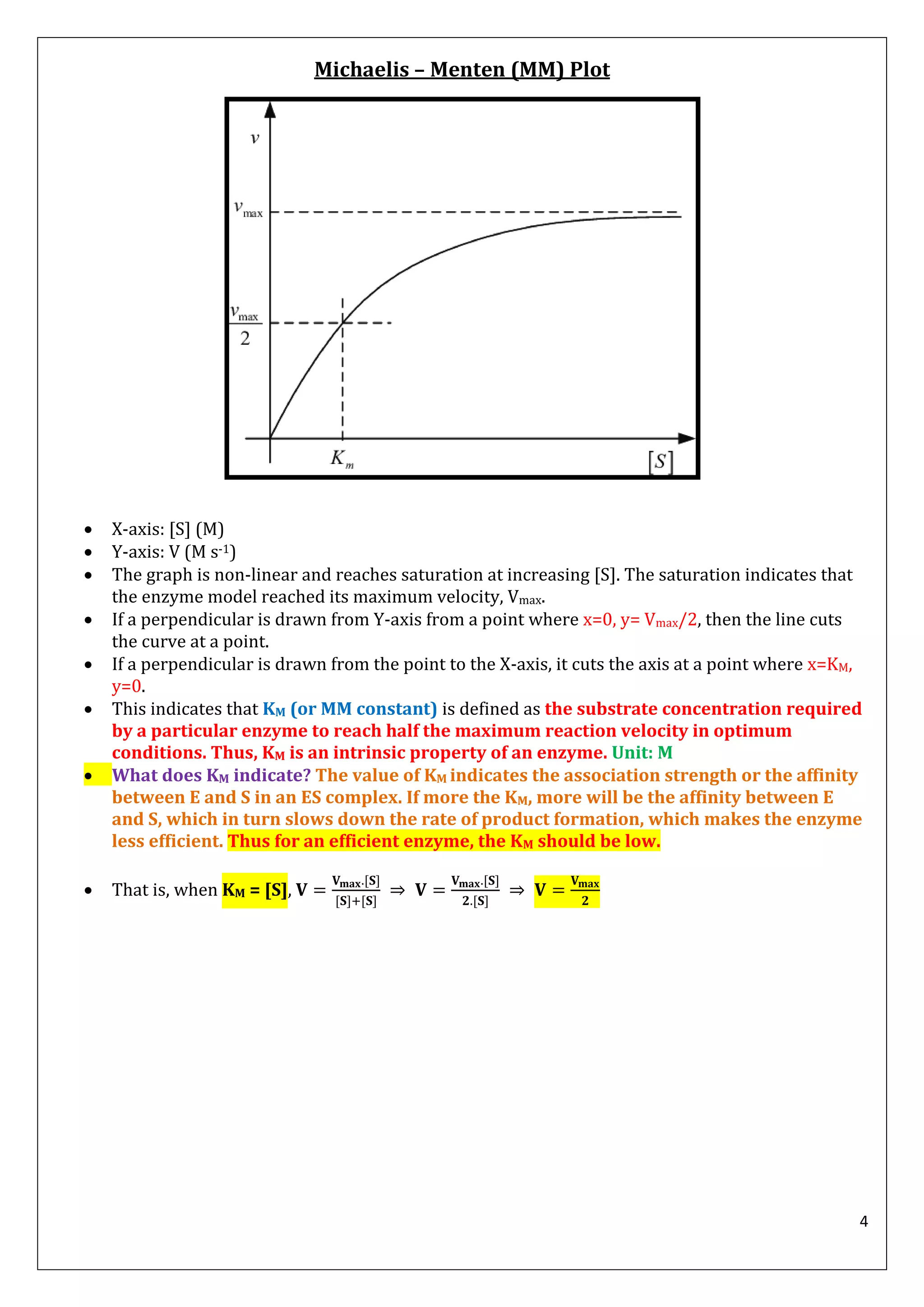 4
Michaelis – Menten (MM) Plot
 X-axis: [S] (M)
 Y-axis: V (M s-1)
 The graph is non-linear and reaches saturation at increasing [S]. The saturation indicates that
the enzyme model reached its maximum velocity, Vmax.
 If a perpendicular is drawn from Y-axis from a point where x=0, y= Vmax/2, then the line cuts
the curve at a point.
 If a perpendicular is drawn from the point to the X-axis, it cuts the axis at a point where x=KM,
y=0.
 This indicates that KM (or MM constant) is defined as the substrate concentration required
by a particular enzyme to reach half the maximum reaction velocity in optimum
conditions. Thus, KM is an intrinsic property of an enzyme. Unit: M
 What does KM indicate? The value of KM indicates the association strength or the affinity
between E and S in an ES complex. If more the KM, more will be the affinity between E
and S, which in turn slows down the rate of product formation, which makes the enzyme
less efficient. Thus for an efficient enzyme, the KM should be low.
 That is, when KM = [S],
 