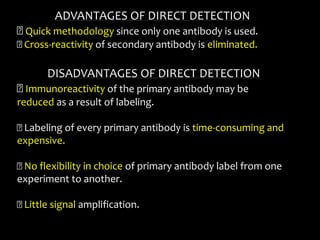 ADVANTAGES OF DIRECT DETECTION
Quick methodology since only one antibody is used.
Cross-reactivity of secondary antibody is eliminated.
DISADVANTAGES OF DIRECT DETECTION
Immunoreactivity of the primary antibody may be
reduced as a result of labeling.
Labeling of every primary antibody is time-consuming and
expensive.
No flexibility in choice of primary antibody label from one
experiment to another.
Little signal amplification.
 