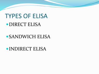 TYPES OF ELISA
DIRECT ELISA
SANDWICH ELISA
INDIRECT ELISA
 