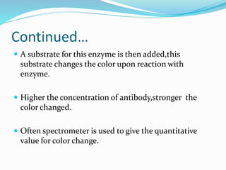 Continued…
 A substrate for this enzyme is then added,this
substrate changes the color upon reaction with
enzyme.
 Higher the concentration of antibody,stronger the
color changed.
 Often spectrometer is used to give the quantitative
value for color change.
 