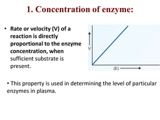 1. Concentration of enzyme:
• Rate or velocity (V) of a
reaction is directly
proportional to the enzyme
concentration, when
sufficient substrate is
present.
• This property is used in determining the level of particular
enzymes in plasma.
 