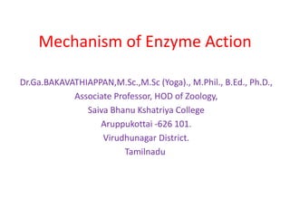 Mechanism of Enzyme Action
Dr.Ga.BAKAVATHIAPPAN,M.Sc.,M.Sc (Yoga)., M.Phil., B.Ed., Ph.D.,
Associate Professor, HOD of Zoology,
Saiva Bhanu Kshatriya College
Aruppukottai -626 101.
Virudhunagar District.
Tamilnadu
 