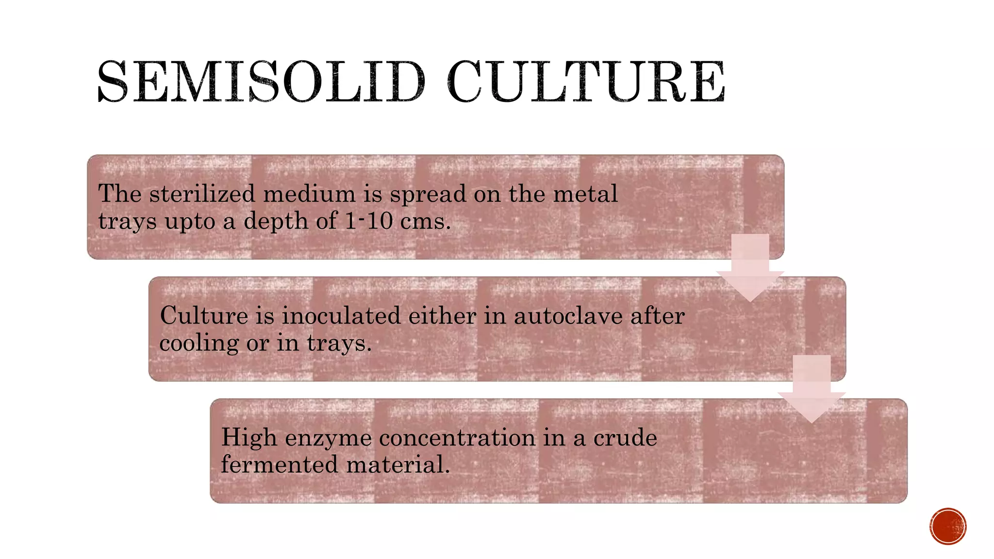 The sterilized medium is spread on the metal
trays upto a depth of 1-10 cms.
Culture is inoculated either in autoclave after
cooling or in trays.
High enzyme concentration in a crude
fermented material.
 