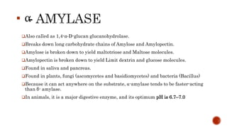 Also called as 1,4-α-D-glucan glucanohydrolase.
Breaks down long carbohydrate chains of Amylose and Amylopectin.
Amylose is broken down to yield maltotriose and Maltose molecules.
Amylopectin is broken down to yield Limit dextrin and glucose molecules.
Found in saliva and pancreas.
Found in plants, fungi (ascomycetes and basidiomycetes) and bacteria (Bacillus)
Because it can act anywhere on the substrate, α-amylase tends to be faster-acting
than β- amylase.
In animals, it is a major digestive enzyme, and its optimum pH is 6.7–7.0
 