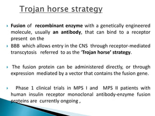  Fusion of recombinant enzyme with a genetically engineered
molecule, usually an antibody, that can bind to a receptor
present on the
 BBB which allows entry in the CNS through receptor-mediated
transcytosis referred to as the ‘Trojan horse’ strategy.
 The fusion protein can be administered directly, or through
expression mediated by a vector that contains the fusion gene.
 Phase 1 clinical trials in MPS I and MPS II patients with
human insulin receptor monoclonal antibody-enzyme fusion
proteins are currently ongoing ,
 