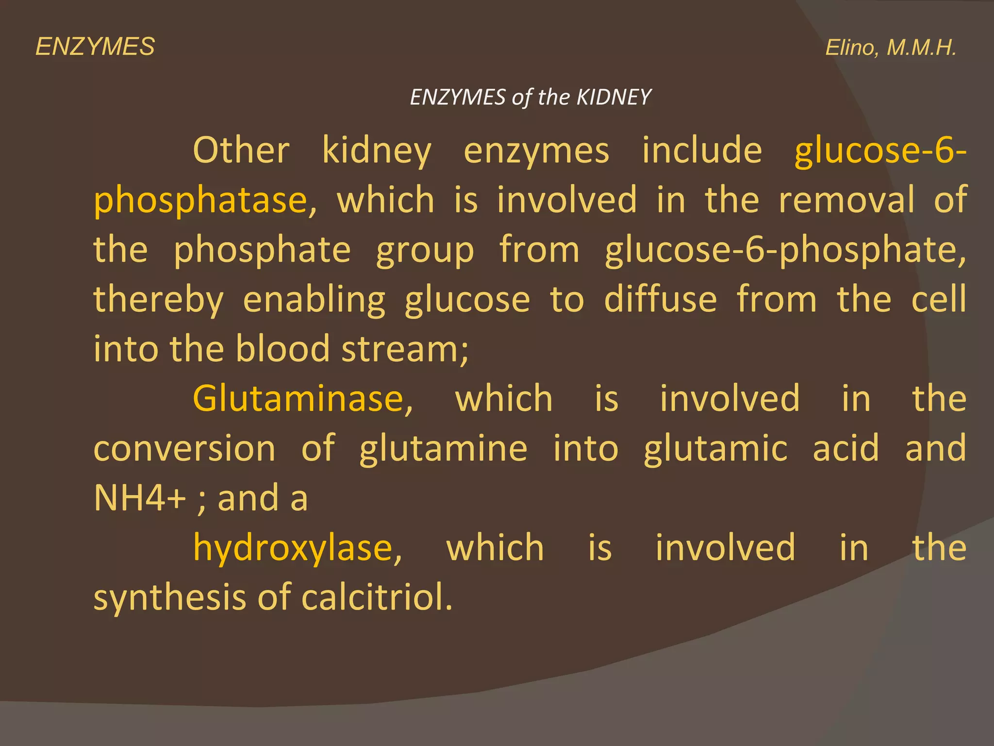 ENZYMES    Elino, M.M.H. Other kidney enzymes include  glucose-6-phosphatase , which is involved in the removal of the phosphate group from glucose-6-phosphate, thereby enabling glucose to diffuse from the cell into the blood stream;  Glutaminase , which is involved in the conversion of glutamine into glutamic acid and NH4+ ; and a  hydroxylase , which is involved in the synthesis of calcitriol. ENZYMES of the KIDNEY 