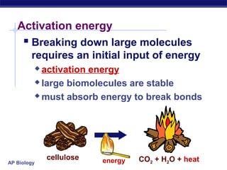 AP Biology
Activation energy
 Breaking down large molecules
requires an initial input of energy
 activation energy
 large biomolecules are stable
 must absorb energy to break bonds
energycellulose CO2 + H2O + heat
 