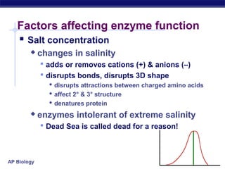 AP Biology
Factors affecting enzyme function
 Salt concentration
 changes in salinity
 adds or removes cations (+) & anions (–)
 disrupts bonds, disrupts 3D shape
 disrupts attractions between charged amino acids
 affect 2° & 3° structure
 denatures protein
 enzymes intolerant of extreme salinity
 Dead Sea is called dead for a reason!
 