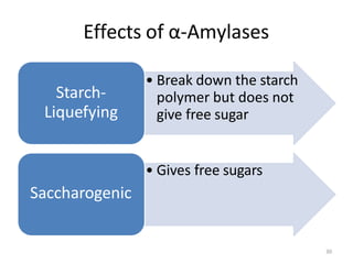 Effects of α-Amylases
Starch-
Liquefying
• Break down the starch
polymer but does not
give free sugar
• Gives free sugars
...