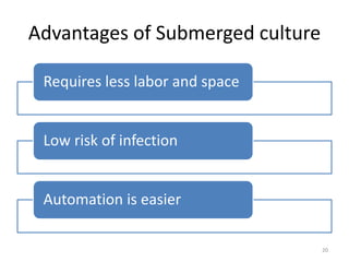 Advantages of Submerged culture
Requires less labor and space
Low risk of infection
Automation is easier
20
 