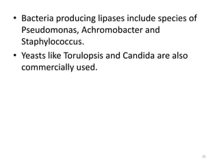 • Bacteria producing lipases include species of
Pseudomonas, Achromobacter and
Staphylococcus.
• Yeasts like Torulopsis and Candida are also
commercially used.
35
 