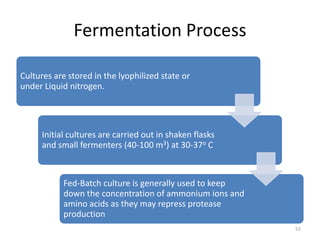 Fermentation Process
Cultures are stored in the lyophilized state or
under Liquid nitrogen.
Initial cultures are carried out in shaken flasks
and small fermenters (40-100 m3) at 30-37o C
Fed-Batch culture is generally used to keep
down the concentration of ammonium ions and
amino acids as they may repress protease
production
55
 