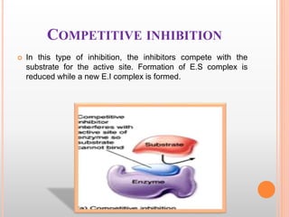 COMPETITIVE INHIBITION
 In this type of inhibition, the inhibitors compete with the
substrate for the active site. Formation of E.S complex is
reduced while a new E.I complex is formed.
 