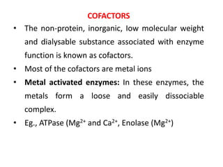 COFACTORS
• The non-protein, inorganic, Iow molecular weight
and dialysable substance associated with enzyme
function is known as cofactors.
• Most of the cofactors are metal ions
• Metal activated enzymes: In these enzymes, the
metals form a loose and easily dissociable
complex.
• Eg., ATPase (Mg2+ and Ca2+, Enolase (Mg2+)
 