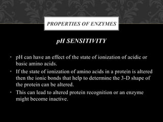 pH SENSITIVITY
• pH can have an effect of the state of ionization of acidic or
basic amino acids.
• If the state of ionization of amino acids in a protein is altered
then the ionic bonds that help to determine the 3-D shape of
the protein can be altered.
• This can lead to altered protein recognition or an enzyme
might become inactive.
PROPERTIES OF ENZYMES
 