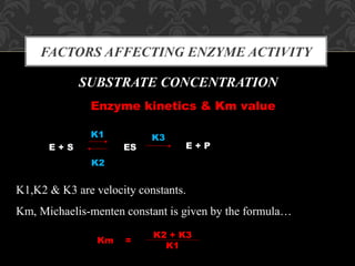FACTORS AFFECTING ENZYME ACTIVITY
SUBSTRATE CONCENTRATION
Enzyme kinetics & Km value
E + S
K1
K2
ES
K3
E + P
K1,K2 & K3 are velocity constants.
Km, Michaelis-menten constant is given by the formula…
Km =
K2 + K3
K1
 