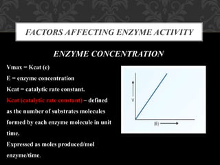 FACTORS AFFECTING ENZYME ACTIVITY
ENZYME CONCENTRATION
Vmax = Kcat (e)
E = enzyme concentration
Kcat = catalytic rate constant.
Kcat (catalytic rate constant) – defined
as the number of substrates molecules
formed by each enzyme molecule in unit
time.
Expressed as moles produced/mol
enzyme/time.
 