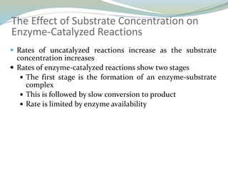 The Effect of Substrate Concentration on
Enzyme-Catalyzed Reactions
 Rates of uncatalyzed reactions increase as the substrate
concentration increases
 Rates of enzyme-catalyzed reactions show two stages
 The first stage is the formation of an enzyme-substrate
complex
 This is followed by slow conversion to product
 Rate is limited by enzyme availability
 