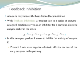 Feedback Inhibition
 Allosteric enzymes are the basis for feedback inhibition
 With feedback inhibition, a product late in a series of enzyme-
catalyzed reactions serves as an inhibitor for a previous allosteric
enzyme earlier in the series
 In this example, product F serves to inhibit the activity of enzyme
E1
 Product F acts as a negative allosteric effector on one of the
early enzymes in the pathway
 
