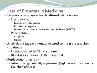 Uses of Enzymes in Medicine
 Diagnostic – enzyme levels altered with disease
 Heart attack:
 Lactate dehydrogenase
 Creatine phosphate
 Serum glutamate-oxaloacetate transaminase (SGOT)
 Pancreatitis:
 Amylase
 Lipase
 Analytical reagents – enzyme used to measure another
substance
 Urea converted to NH3 via urease
 Blood urea nitrogen (BUN) measured
 Replacement therapy
 Administer genetically engineered b-glucocerebrosidase for
Gaucher’s disease
 