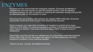 • Enzymes are the macromolecular biological catalysts. Enzymes accelerate or
catalyse the chemical reaction to yield the desired product. Like all catalysts,
enzymes increase the rate of reaction by lowering the activation energy and provide
an alternative path for the reaction to occur.
• Most enzymes are proteins, although few are catalytic RNA molecules. Enzymes
specifically comes from their unique three dimensional structure.
• Some enzymes can make their conversion of reactant to product occur many
millions of time faster. An extreme example is orotidine 5 phosphate decarboxylase ,
which allows a reaction that would otherwise takes million of year to occur in
millisecond.
• Chemically, enzymes are like any catalyst are not consumed in chemical reactions
(that’s mean they can be used again and again), nor they disturb the chemical
equilibrium condition of any chemical reaction.
• There is no any –ve type biocatalyst (enzyme).
 