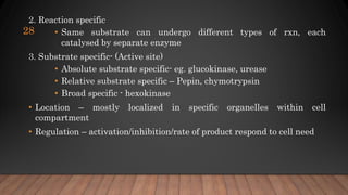 2. Reaction specific
• Same substrate can undergo different types of rxn, each
catalysed by separate enzyme
3. Substrate specific- (Active site)
• Absolute substrate specific- eg. glucokinase, urease
• Relative substrate specific – Pepin, chymotrypsin
• Broad specific - hexokinase
• Location – mostly localized in specific organelles within cell
compartment
• Regulation – activation/inhibition/rate of product respond to cell need
28
 