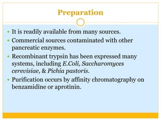 Preparation
 It is readily available from many sources.
 Commercial sources contaminated with other
pancreatic enzymes.
 Recombinant trypsin has been expressed many
systems, including E.Coli, Saccharomyces
cerevisiae, & Pichia pastoris.
 Purification occurs by affinity chromatography on
benzamidine or aprotinin.
 