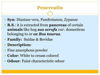 Pencreatin
 Syn: Diastase vera, Pandrotanon, Zypanar
 B.S.: it is extracted from pancreas of certain
animals like hog sus scrofa var. domesticus
belonging to or ox Bos taurus.
 Family: Suidae & Bovidae
 Description:
 Fine amorphous powder
 Color: White to cream colored
 Odour: Faint characteristic odour
 