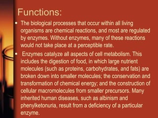 Functions:
 The biological processes that occur within all living
organisms are chemical reactions, and most are regulated
by enzymes. Without enzymes, many of these reactions
would not take place at a perceptible rate.
 Enzymes catalyze all aspects of cell metabolism. This
includes the digestion of food, in which large nutrient
molecules (such as proteins, carbohydrates, and fats) are
broken down into smaller molecules; the conservation and
transformation of chemical energy; and the construction of
cellular macromolecules from smaller precursors. Many
inherited human diseases, such as albinism and
phenylketonuria, result from a deficiency of a particular
enzyme.
 