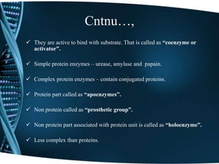 Cntnu…,
 They are active to bind with substrate. That is called as “coenzyme or
activator”.
 Simple protein enzymes – urease, amylase and papain.
 Complex protein enzymes – contain conjugated proteins.
 Protein part called as “apoenzymes”.
 Non protein called as “prosthetic group”.
 Non protein part associated with protein unit is called as “holoenzyme”.
 Less complex than proteins.
 