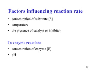 Factors influencing  rea ction rate  concentra tion of  substr ate   [S] temperature t he presence of c ataly st or  inhibitor In enzyme reactions  c oncentration of enzyme [E] pH 