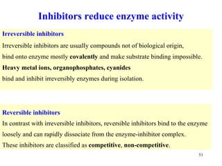 Irreversible inhibit ors Irreversible inhibitors are usually compounds not of biological origin,  bind   on to  enzyme mostly  covalently  and make substrate binding impossible. Heavy metal ions , organophosphates, cyanides   bind and inhibit irreversibly enzymes during isolation. Inhibitors reduce enzyme activity Reversible inhibit ors In contrast with irreversible inhibitors, reversible inhibitors bind to the enzyme loosely and can rapidly dissociate from the enzyme-inhibitor complex.  These inhibitors are classified as  competitive ,  non-competitive . 