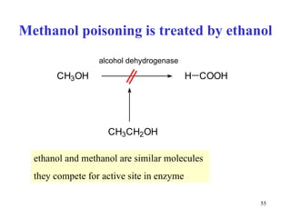 Methanol poisoning is treated by ethanol ethanol and methanol are similar molecules they compete for active site in enzyme alcohol dehydrogenase 
