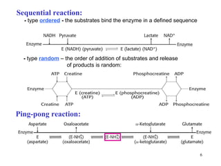 Sequential reaction : -  type  ordered  -  the substrates bind the enzyme in a defined sequence -  type  random   – the order of addition of substrates and release of products is random: Ping-pong reaction: + + + 