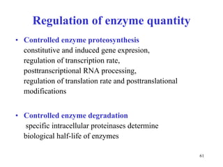 Regulation of enzyme quantity Controlled enzyme proteosynthesis   constitutive and induced gene expresion,  regulation of transcription rate,  posttranscriptional RNA processing,  regulation of translation rate and posttranslational modifications Controlled enzyme degradation   specific intracellular proteinases determine  biological half-life of enzymes 