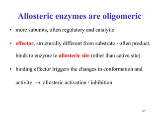 Allosteric enzymes are oligomeric more subunits, often regulatory and catalytic effector , structurally different from substrate - often product, binds to enzyme to  allosteric site  (other than active site) binding effector triggers the changes in conformation and activity     allosteric activation / inhibition 