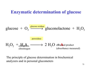 Enzymatic determination of glucose glucose  +  O 2      gluconolactone  +  H 2 O 2 H 2 O 2   +  H 2 A     2 H 2 O  +  A glucose oxidase peroxidase colourless chromogen coloured product (absorbance measured) The principle of glucose determination in biochemical analyzers and in personal glucometers 