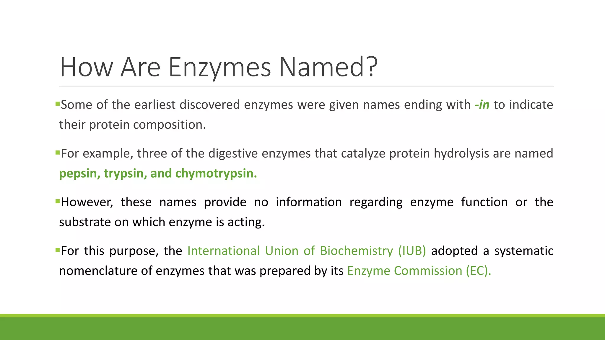 How Are Enzymes Named?
Some of the earliest discovered enzymes were given names ending with -in to indicate
their protein composition.
For example, three of the digestive enzymes that catalyze protein hydrolysis are named
pepsin, trypsin, and chymotrypsin.
However, these names provide no information regarding enzyme function or the
substrate on which enzyme is acting.
For this purpose, the International Union of Biochemistry (IUB) adopted a systematic
nomenclature of enzymes that was prepared by its Enzyme Commission (EC).
 