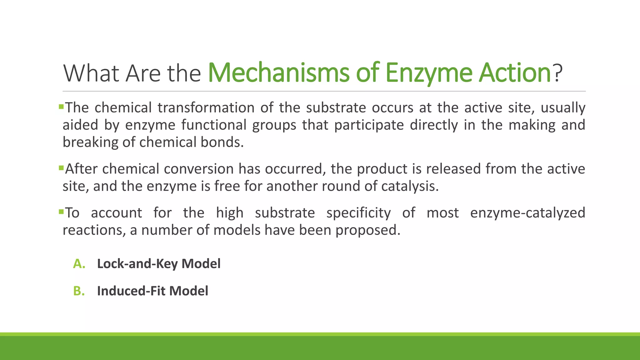 What Are the Mechanisms of Enzyme Action?
The chemical transformation of the substrate occurs at the active site, usually
aided by enzyme functional groups that participate directly in the making and
breaking of chemical bonds.
After chemical conversion has occurred, the product is released from the active
site, and the enzyme is free for another round of catalysis.
To account for the high substrate specificity of most enzyme-catalyzed
reactions, a number of models have been proposed.
A. Lock-and-Key Model
B. Induced-Fit Model
 