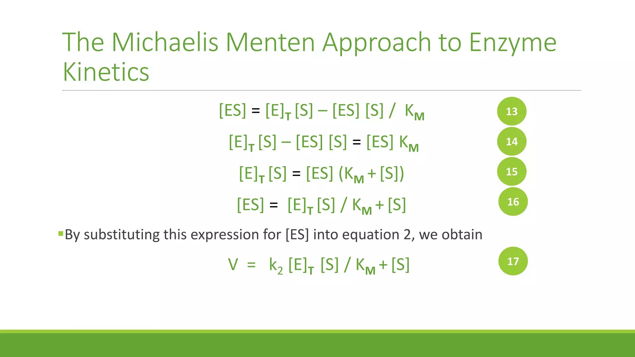 The Michaelis Menten Approach to Enzyme
Kinetics
[ES] = [E]T [S] – [ES] [S] / KM
[E]T [S] – [ES] [S] = [ES] KM
[E]T [S] = [ES] (KM + [S])
[ES] = [E]T [S] / KM + [S]
By substituting this expression for [ES] into equation 2, we obtain
V = k2 [E]T [S] / KM + [S]
13
14
15
16
17
 