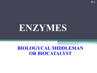 ENZYMES
BIOLOGYCAL MIDDLEMAN
OR BIOCATALYST
10-1
 