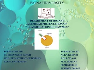 PATNA UNIVERSITY
DEPARTMENT OF BOTANY
A SEMINAR PRESENTATION ON
“ CLASSIFICATION OF ENZYMES”
SUBMITTED TO: SUBMITTED BY:
Dr. MEENAKSHI SINGH ALKA KUMARI
HOD, DEPARTMENT OF BOTANY ROLL NO.- 04
PATNA UNIVERSITY M.Sc. BOTANY
SEMESTER –II
SESSION: 2020-22
 