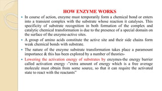 HOW ENZYME WORKS
 In course of action, enzyme must temporarily form a chemical bond or enters
into a transient complex with the substrate whose reaction it catalyses. This
specificity of substrate recognition in both formation of the complex and
catalytic chemical transformation is due to the presence of a special domain on
the surface of the enzyme-active sites.
 A group of amino acids constitute the active site and their side chains form
weak chemical bonds with substrate.
 The nature of the enzyme substrate transformation takes place a paramount
importance & this has been explored by a number of theories-
 Lowering the activation energy of substrates by enzymes-the energy barrier
called activation energy -”extra amount of energy which is a free average
molecule must obtain from some source, so that it can require the activated
state to react with the reactants”
 